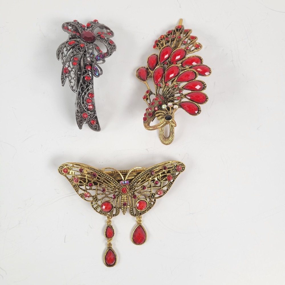Butterfly Peacock Hair Clips‎ Barrettes Set 3 Womens Red Rhinestone Party